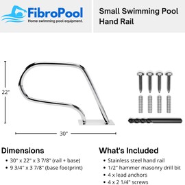 FibroPool Stainless Steel Pool Handrail with Easy Mount Base Plate for In Ground Pools, Outdoor Railing for Decks, Rust-Proof Grab Accessories for Swimming Pools and Spas (Small)