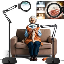 30X 10X Large Floor Magnifying Glass with Light and Stand,72 LED Adjustable Height Floor Magnifying Lamp,2 in 1 Lighted Magnifiers for Close Work, Sewing,Crafts,Hobbies,Reading (Black)