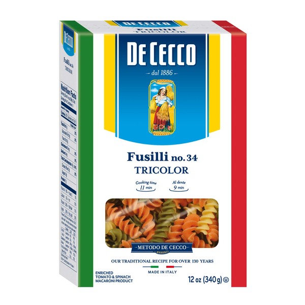 De Cecco Tri-Color Pasta, Fusilli No.34, 12 Ounce (Pack of 12)