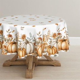 Horaldaily Fall Tablecloth 70×70 Inch Round, Orange Grey Pumpkin Autumn Harvest Flower Washable Seasonal Table Cover for Party Picnic Dinner Decor