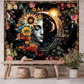 FENDROM Sun and Moon Tapestry Psychedelic Mystic Face Floral Tapestry Hippie Boho Flower Plants Wall Blanket Vintage Aesthetic Wall Hanging for Bedroom Living Room Dorm