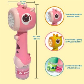 Elementoy Bubble Machine Wand for Toddlers Kids 3+, Double-Layer Bubble Maker with LED Lights, Outdoor Birthday Party Favors Gifts for Boys Girls Ages 4-8, 2 Bubble Refill Solutions (Pink Giraffe)