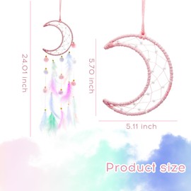 AfitLulu Dream Catcher Moon and Star Wall Hanging Room Decor Dreamcatcher, Handmade Colorful Feathers Dream Catchers Bedroom Accessories with Beads and Plush Balls for Home Decor (Pink)