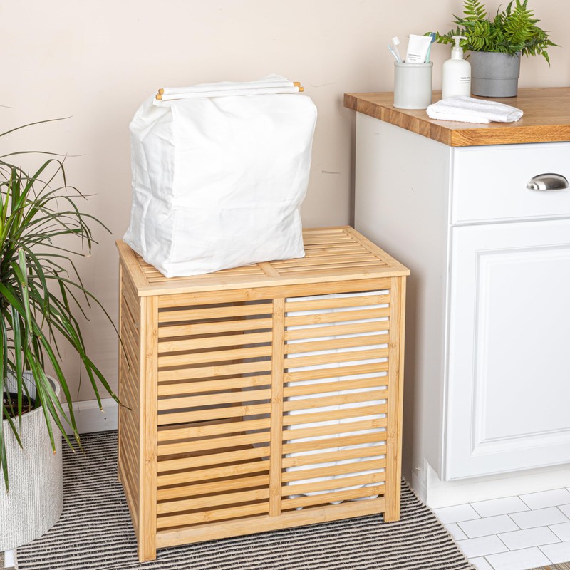 Household Essentials Bamboo and Cotton Double Laundry Sorter with Lid