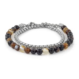 10:10 Double Wrap Bracelet Made of Hypoallergenic Stainless Steel, Natural Stone Diameter 6 mm, Venetian Chain Made in Italy, Stone, Agate