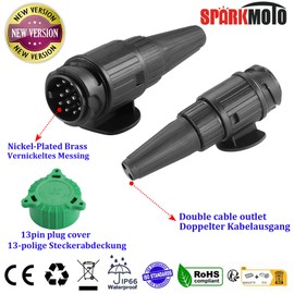 SPARKMOTO 12 V Waterproof Trailer Plug 13-Pin with Green Cover, Standardised to ISO11446, 13-Pin Trailer Plug for Caravans, Bicycle Carrier Adapter Plug 13 Pin (New 2 Cable Outlets)