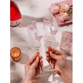 2Pcs Pink Butterfly Wine Glasses, 3D Butterfly Champagne Cups Drinking Glasses Fashioned Wine Cocktails Glassware Romantic Champagne Glasses for Weddings Engagements Party Gifts (Striped Style)