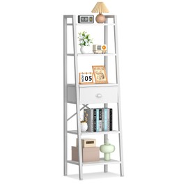 Furologee 5 Tier Bookshelf, Ladder Shelf with Drawer, Tall Bookcase Corner Shelf, Narrow Shelf Industrial Display Standing Units for Home Office, Living Room, Bedroom, Kitchen, White