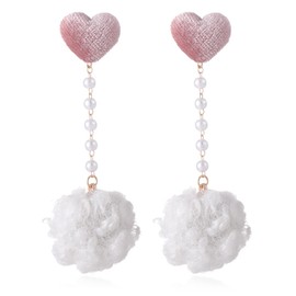 Pom Pom Pink Christmas Earrings for Women Sweet Pink Heart Pearls Chain Earrings Long White Fur Ball Dangle Drop Earrings Long Tassel Christmas Earrings Jewelry Gift