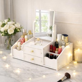Polpcygne Makeup Organizer with Square Mirror, Vanity Organizer with Drawers and Compartments, Countertop for Skincare, Cosmetic Display Case for Bathroom or Dresser Storage
