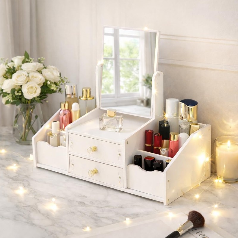 Polpcygne Makeup Organizer with Square Mirror, Vanity Organizer with Drawers