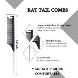 7 Pieces Hair Styling Comb Set Black - Rat Tail Comb, Boar Bristle Brush, Dual Edge Control Brush, 4pcs Duckbill Clips for Back Brushing Slicking Combing - Women Girls Baby Stylist Beauty Accessories