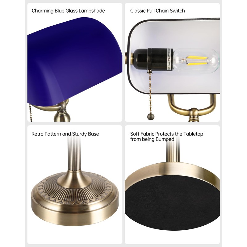 Newrays Blue Glass Bankers Desk Lamp with Pull Chain Switch