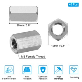 PATIKIL M8 x 1-Pitch 304 Stainless Steel Hex Coupling Nuts, 6Pcs 20mm/ 0.8" Length Fully Threaded Rod Coupling Nut Studding Connector Fasteners, Silver Tone