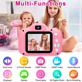 GKTZ Camera Toys for Girls Age 3-8, Kids Selfie Camera 12MP Digital Video Camcorder Toys for Toddler, Birthday for 3 4 5 6 7 8 Year Old Girls with 32GB SD Card - Pink