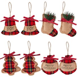 8 Pieces Tartan Christmas Decorations Christmas Baubles Christmas Tree Ornaments Red Tartan with Cream and Black Decoration Rustic Burlap Stocking Ball Bell Hanging Decoration for Xmas Party Supplies