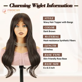 PHOCAS 22" Wavy Curly Toppers Hair Pieces for Women with Thinning Hair Topper with Bangs Lightweight Clip On Top Hairpieces Long Brown Wig Toppers for Naturally Boost Volume
