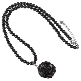 KYEYGWO Carved Rose Flower Pendant Beaded Necklace, Natural Crystal 4mm Beads Stackable Layered Bracelet Chakra Jewellery Gifts for Women, Black Obsidian