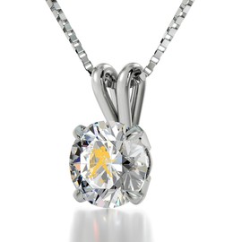 925 Sterling Silver Aquarius Zodiac Necklace Star Sign Pendant for Birthdays 20th January to 18th February 24k Gold Inscribed Astrological Sign and Symbol on Clear Crystal Stone, 18" Chain