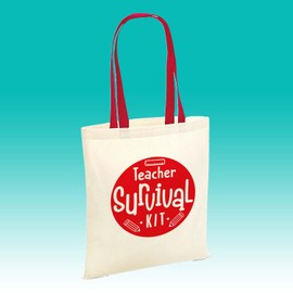 Teacher Survival Kit Tote Bag Cotton Shopper - Novelty Funny Humour Cute School Year Class Star Pupil Best Teach Inspire Red Handle Gift Present (Red Handle Prime)