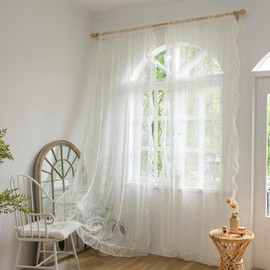 Lavyhuno Ivory Lace Curtains 84 Inches Long for Bedroom Living Room, Sheer Victorian Florals Embroidery Scalloped Edges, Window Treatments Farmhouse Country Pair Decor Rod Pocket, W57 x L84