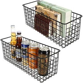 Hedume 2 Pack Metal Wire Storage Organizer Basket with Handle, Rustic Toilet Paper Holder, Versatile Organizer for Kitchen, Pantry, Closet, Laundry Room, Cabinets, Bathroom - Black