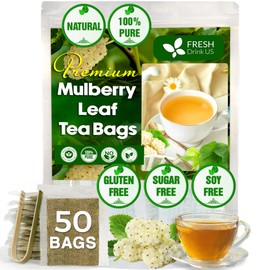 FreshDrinkUS, Premium 50 Mulberry Leaf Tea Bags, 100% Natural & Pure from Mulberry Leaves. Loose Leaf Mulberry Herbal Tea. Made with Natural Material Tea Bags. No Sugar, No Caffeine, No Gluten, Vegan.