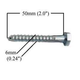 M6 Coach Wood Screws Hex Head Width 10mm Zinc Plated Steel Screw Hexagon Half Thread Lag Bolts Silver Long 2 inch 50mm x 6mm (2" x 0.24") Box of 20 pcs
