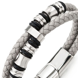 Mens Double-Row Beige Grey Braided Leather Bracelet Bangle Wristband with Silver Steel Ornaments