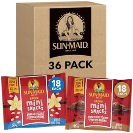 Sun-Maid Vanilla & Chocolate Covered Raisins Mini Snacks Variety Pack - 0.5oz Bags - Pack of 36, 18 Packs per Flavor