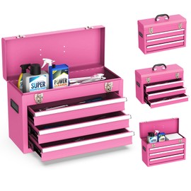 Portable Metal Tool Box, 3 Drawer Steel Tool Box with Top Storage Tray and carrying Handle, Multi-Function Tool Storage with Anti-slip Liner for Garage, Home, or Workbench, Pink