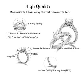 DovEggs Moissanite Engagement Rings for Women,Moissanite Ring, 1.5ct Center 7.5mm G-H-I Color Cut Vintage/Antique Moissanite Art Deco Anniversary Wedding Ring 14K Gold QUALITY Sterling Silver(5)