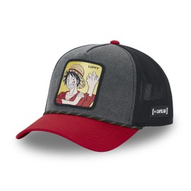 One Piece Men's Luffy Trucker Cap, Original Manga Anime, Grey / Red, One Size