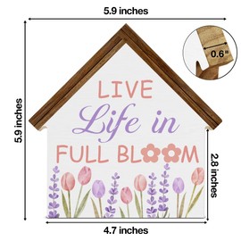 Spring Decor, Live Life in Full Bloom House Shaped Wood Block Sign, Home Office Decor for Desk Table Shelf, Spring Decorations
