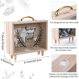 Vesici Travel Fund Box Vacation Fund Box Decorative Savings Box Suitcase Wooden Money Box Wood Bank Coin Bank for Adults Travel Vacation Wedding, 8 x 7.3 x 2.8 Inch(Honeymoon Fund)