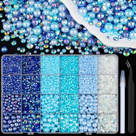 Flatback Pearls and Resin Rhinestones for Crafting, Blue 3-8mm Half Pearls and 3-6mm Jelly Rhinestones with Pickup Tools, Bedazzling Gems for DIY Crafts Nail Art (01-24 grids-Blue)