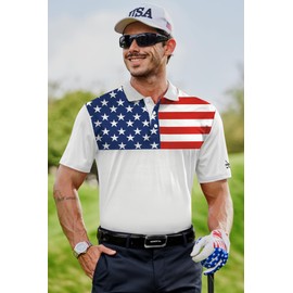 Herberton Men's Flag Polo Shirts July 4th American Color Block Print Shirt Merica 1776 Parade Patriotic Elastic Comfortable Classic 3 Button Collar Regular Fit Moisture Wicking Polos White XXL