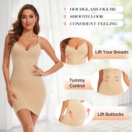 Ysabeloom Body Shaper Dress for Women Tummy Control Shapewear Slips Full Slip Under Dress V Neck Spaghetti Straps