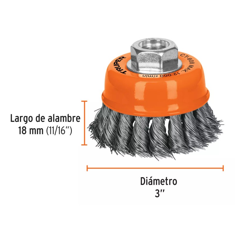 Truper Carda Copa, Alambre Trenzado Fino, 3' Esmeril Truper 14186