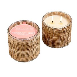 Field + Fleur by Hillhouse Naturals Coconut Rose 2 Wick Hand Woven Glass Candle with Notes of dewy Fruits, Juicy Green Citrus, Jasmine and Lush White Flowers.100% Soy Wax Blend–Burn time 75+ Hours