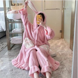 KH Pijama Bata Orejas Conejito Rosa Dama Para Frio Suave Rosa