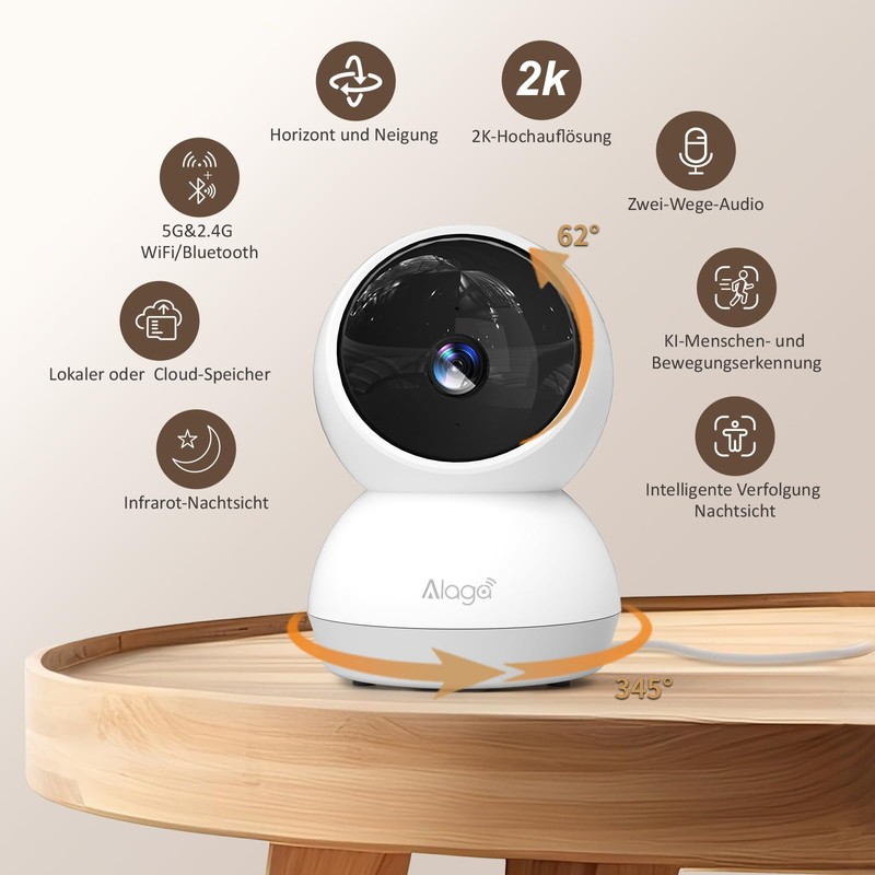 Alaga 2K Indoor Camera with AI Detection for Humans &
