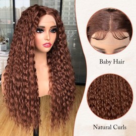Lizzy Curly Lace Front Wigs for Black Women Kinky Curly Afro Wigs Pre Plucked with Baby Hair Long Curly Synthetic Glueless Lace Frontal Wigs 26inch (Brown)