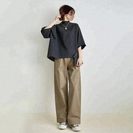 DYIOPMFGZ Women's Blouse + Wide Pants, Pants Suit Setup, Tapered Pants, 2-Piece Set, T-Shirt, Top and Bottom Set, Gaucho Pants, Body Cover, Stylish, Solid, Stylish, Loose, Summer, Black, M