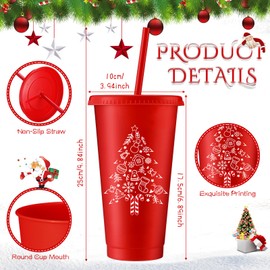 Umigy 24 Pcs Christmas Plastic Cups with Lids and Straws Bulk 24 oz Christmas Reusable Cups for Hot Cold Drinks Plastic Tumblers with Lids and Straw Water Bottles Bulk for Xmas Party Supply(Santa)