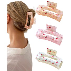 Mesovor 3 Pack Bow Cherry Printed Hair Claw Clips, Non-slip 3.54" Medium Square Hair Grip Clawclips | Acrylic Strong Hold Banana Clips (Cherry: Pink, White, Yellow)