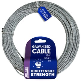 Galvanized Steel Cable – 3/16 in x 50 FT 7X19 Core Flexible Cable Wire for Fencing, Clothesline, Deck Railing, Pulley, Winch Loop Rope with 840 LBS Working Load Limit for Home and Industrial Use