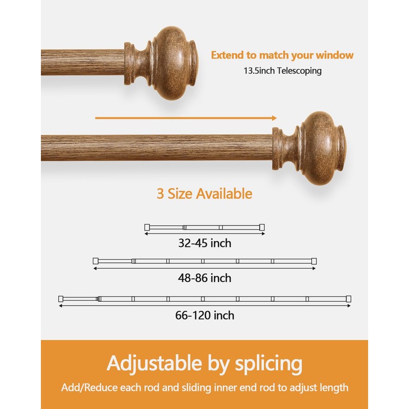Wood Curtain Rods for Windows 48 to 84 Inch, 1