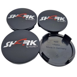 4 x Alutec Shark Hub Cap, 60 mm, Black (N23) Logo, Silver/Red, Original Wheel Centre Cap/Hub Cap