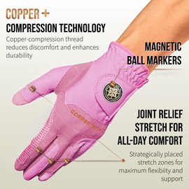 Copper Tech Plus Ladies Golf Gloves Women (2nd Gen) | Copper Compression Joint Support with Flexible & Comfortable Fit | Tacky Silicone Pad (Pink/Pink, Small, Right)